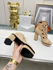 BALMAIN 26S OPEN-TOE BOOTS 115 MM IN DARK BEIGE CALFSKIN PEARL-EMBELLISHED