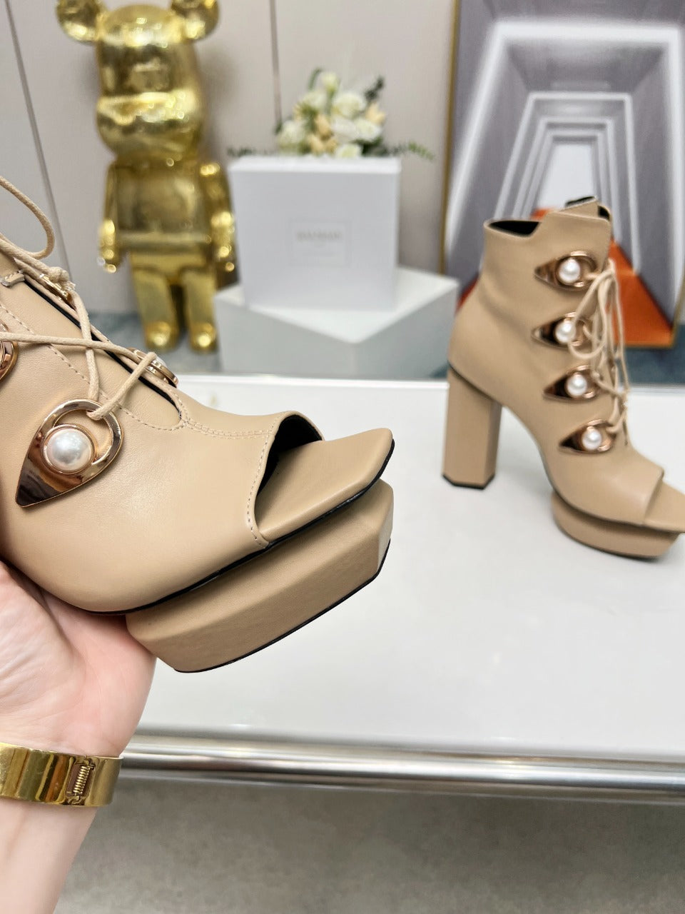 BALMAIN 26S OPEN-TOE BOOTS 115 MM IN DARK BEIGE CALFSKIN PEARL-EMBELLISHED