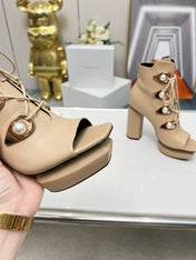 BALMAIN 26S OPEN-TOE BOOTS 115 MM IN DARK BEIGE CALFSKIN PEARL-EMBELLISHED