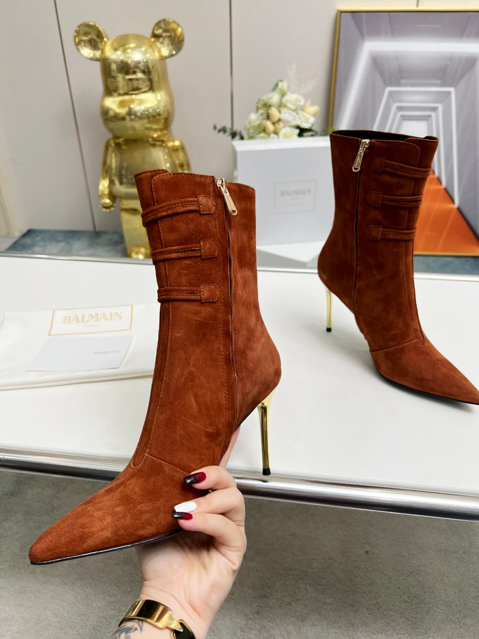BALMAIN 26S HIGH-HEEL BOOTS 95 MM IN BROWN SUEDE