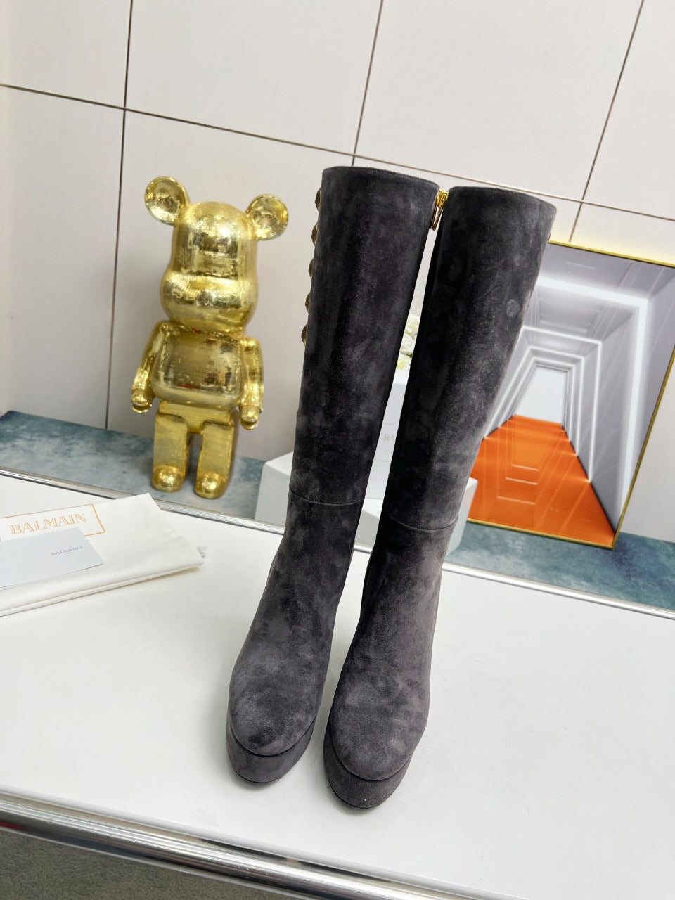 BALMAIN 26S HIGH BOOTS 115 MM IN DARK GREY SUEDE