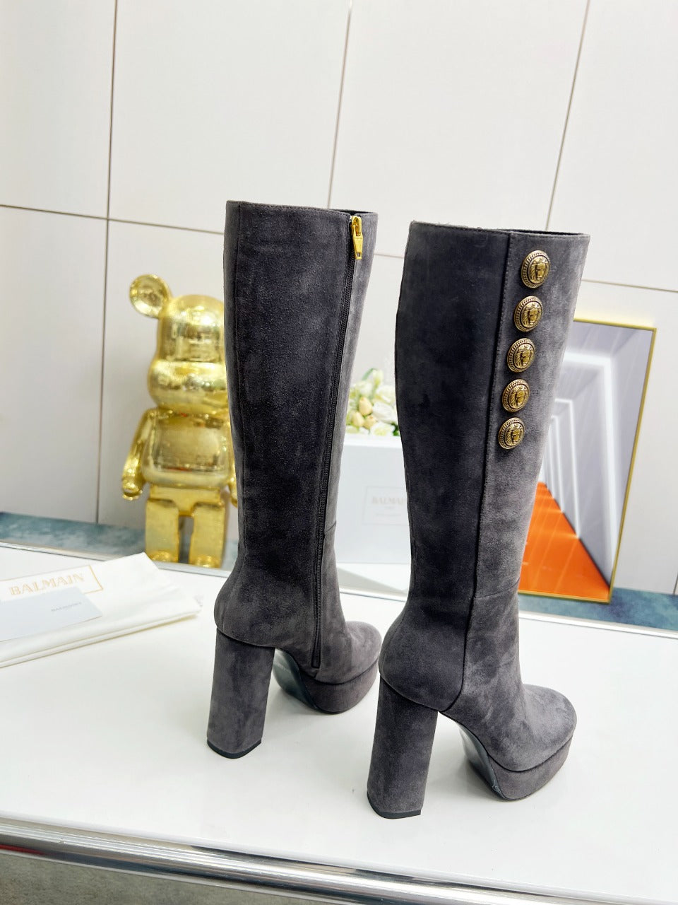 BALMAIN 26S HIGH BOOTS 115 MM IN DARK GREY SUEDE