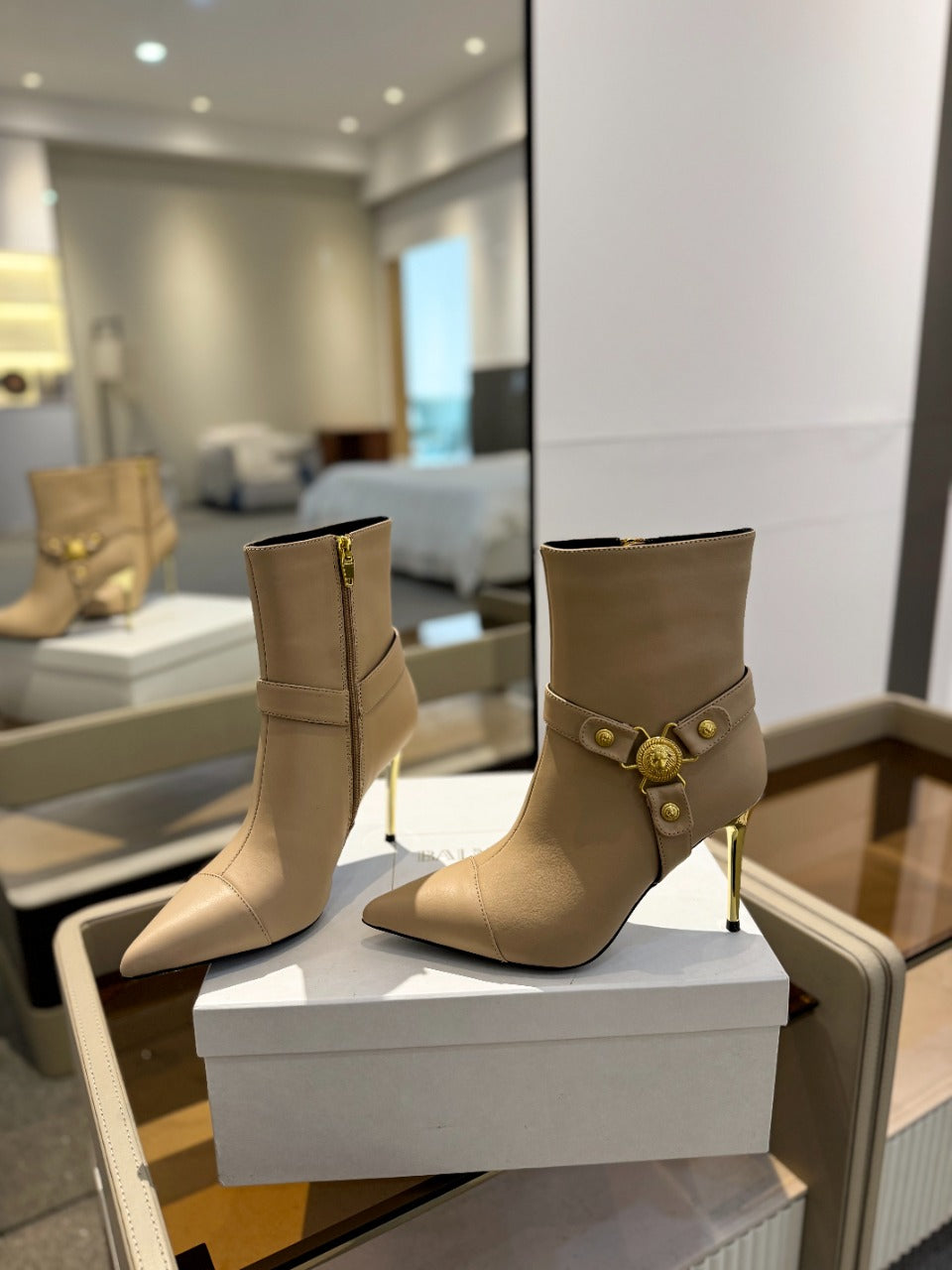 BALMAIN 26S STILETTO HEEL BOOTS 95 MM IN DARK BEIGE CALFSKIN