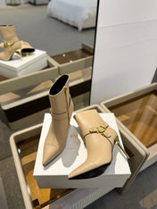 BALMAIN 26S STILETTO HEEL BOOTS 95 MM IN DARK BEIGE CALFSKIN