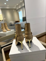 BALMAIN 26S STILETTO HEEL BOOTS 95 MM IN DARK BEIGE CALFSKIN