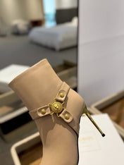 BALMAIN 26S STILETTO HEEL BOOTS 95 MM IN DARK BEIGE CALFSKIN